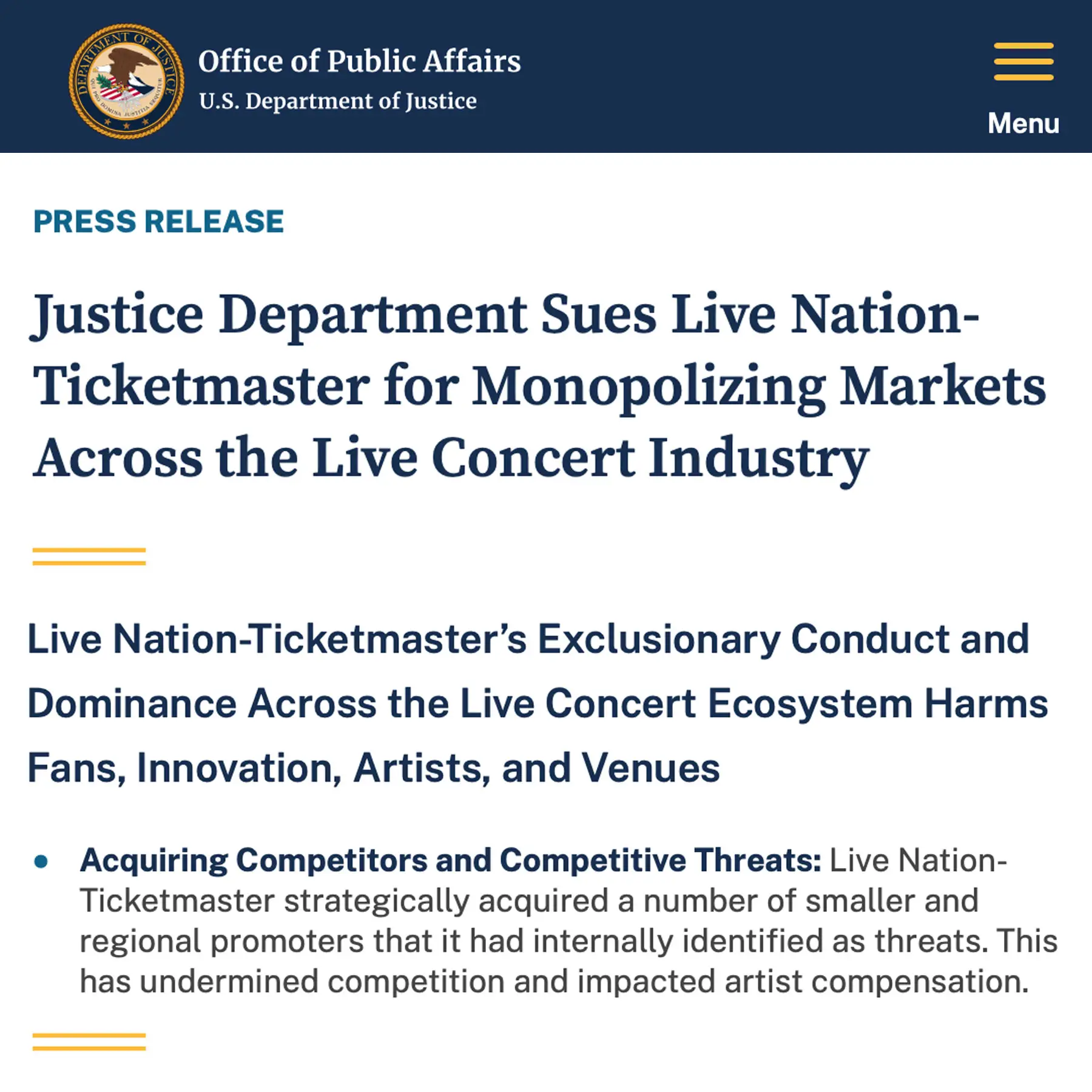 Justice Dept Files Lawsuit Against Live Nation