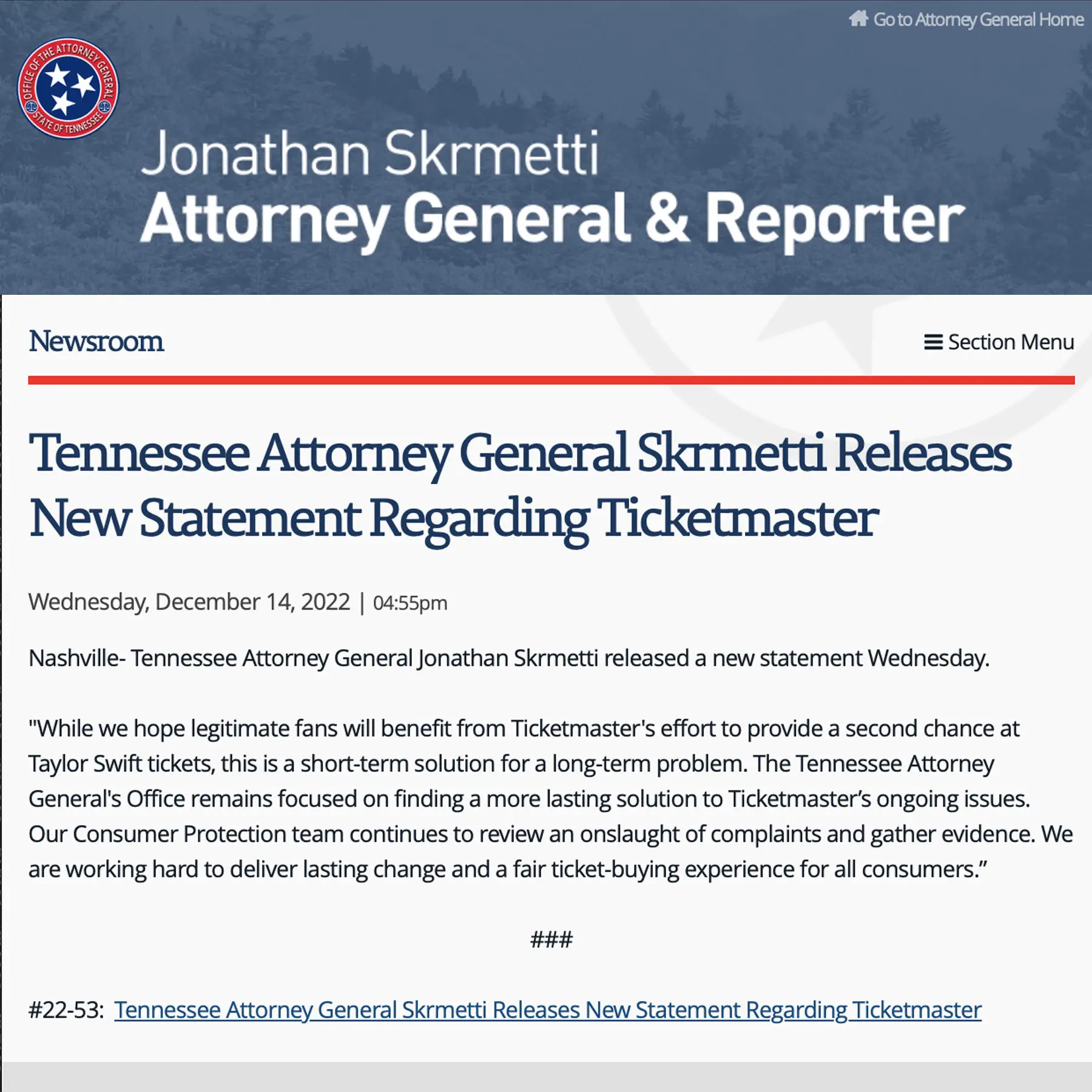 Tennessee Attorney Releases New Statement Regarding Ticketmaster