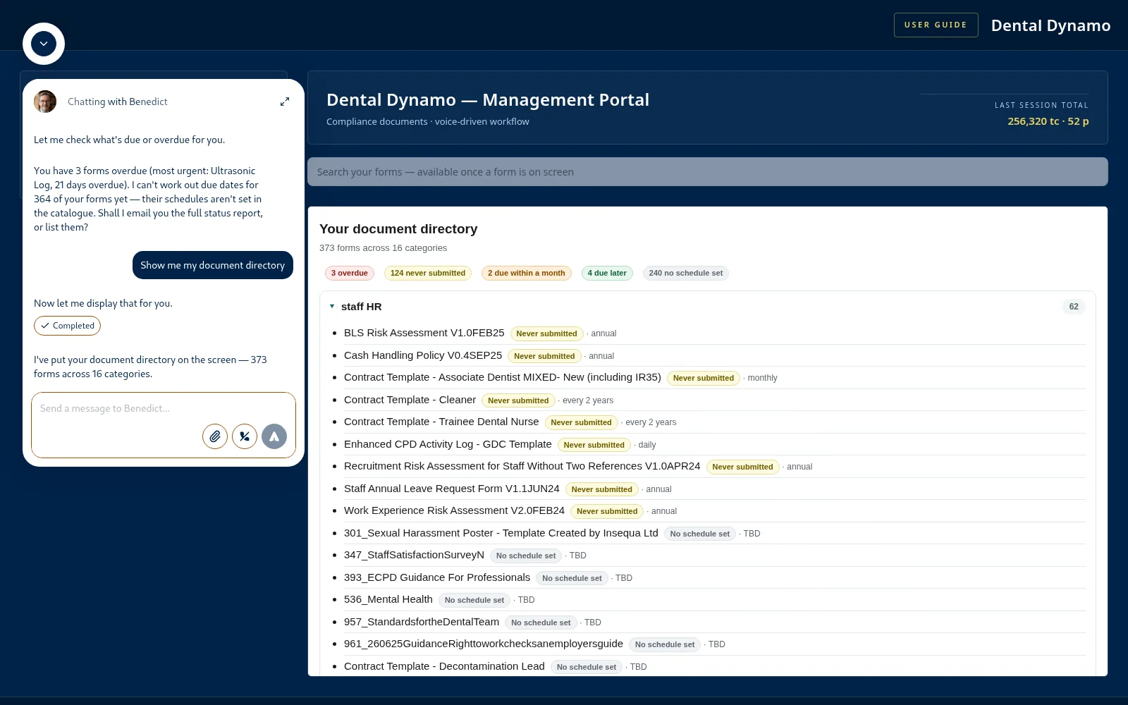 Benedict in action: a tour of the practice portal in screenshots 1 A conversation with Benedict on the left; the full traffic-light document directory he has just opened fills the screen on the right.