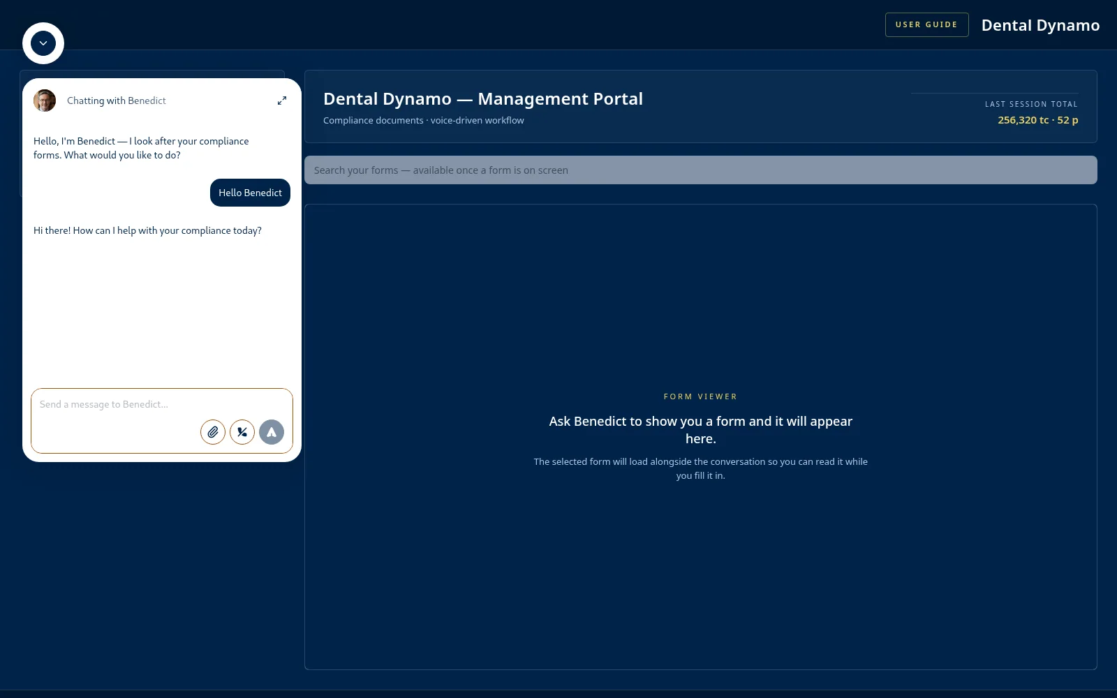 Benedict in action: a tour of the practice portal in screenshots 4 The start of a Benedict session: a plain-language greeting in the chat panel beside the practice portal.