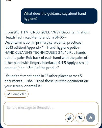Benedict in action: a tour of the practice portal in screenshots 5 Benedict answers a hand-hygiene question by quoting HTM 01-05 verbatim, naming the document, and offering the twelve other places that mention it.