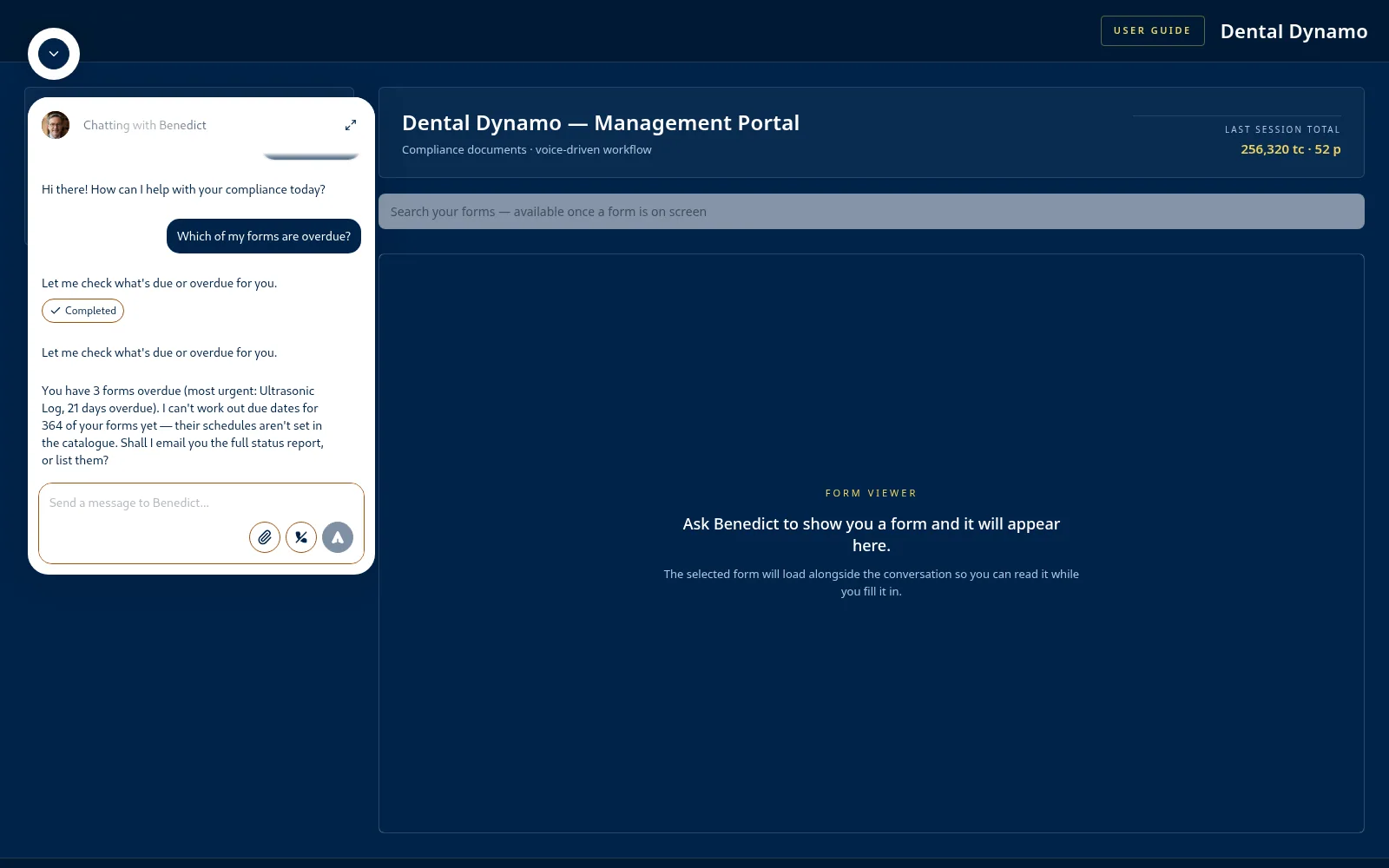 Benedict in action: a tour of the practice portal in screenshots 3 Benedict reports three forms overdue, names the most urgent, and says plainly how many forms he cannot yet work out due dates for.
