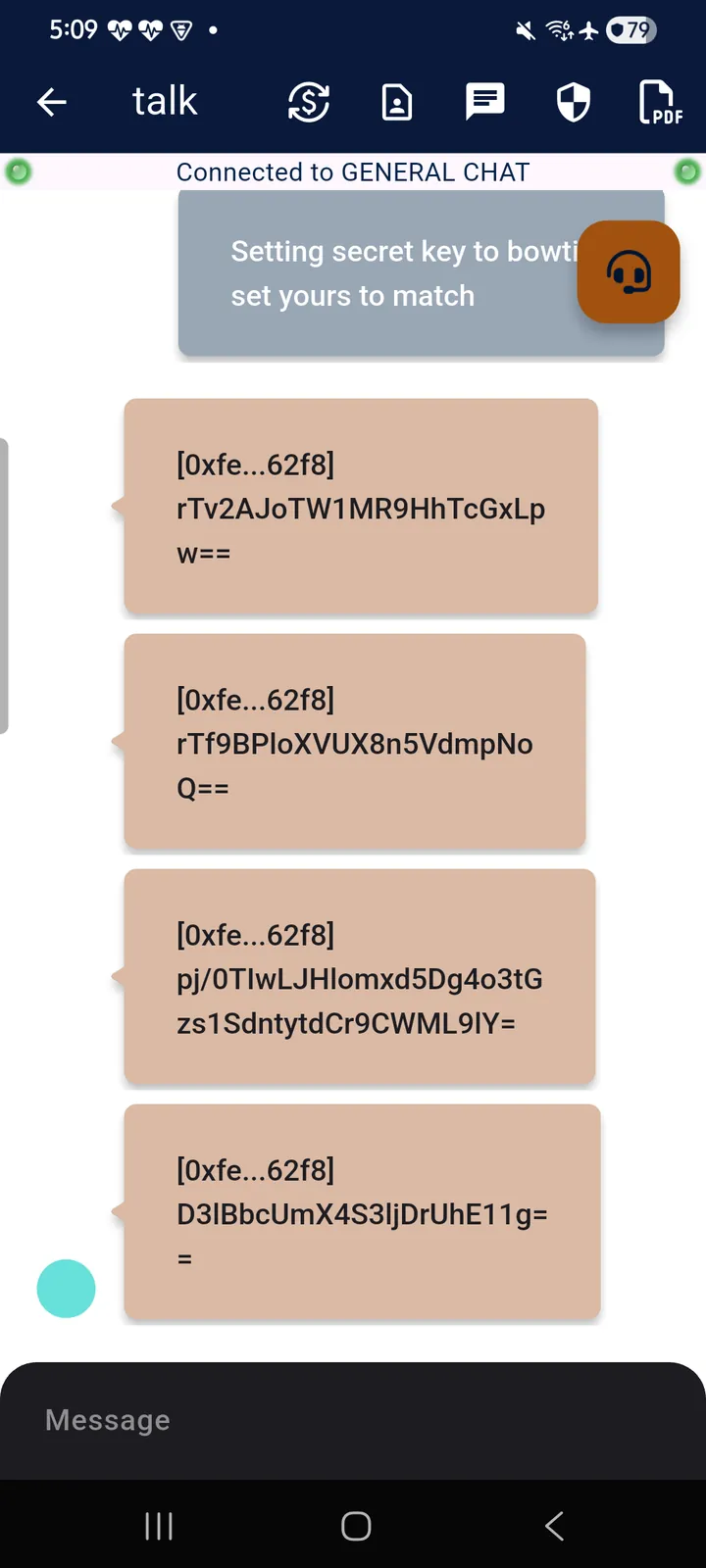 teckel App User Guide 49 What a key mismatch looks like: the other user is sending with a secret key you have not entered, so their messages arri