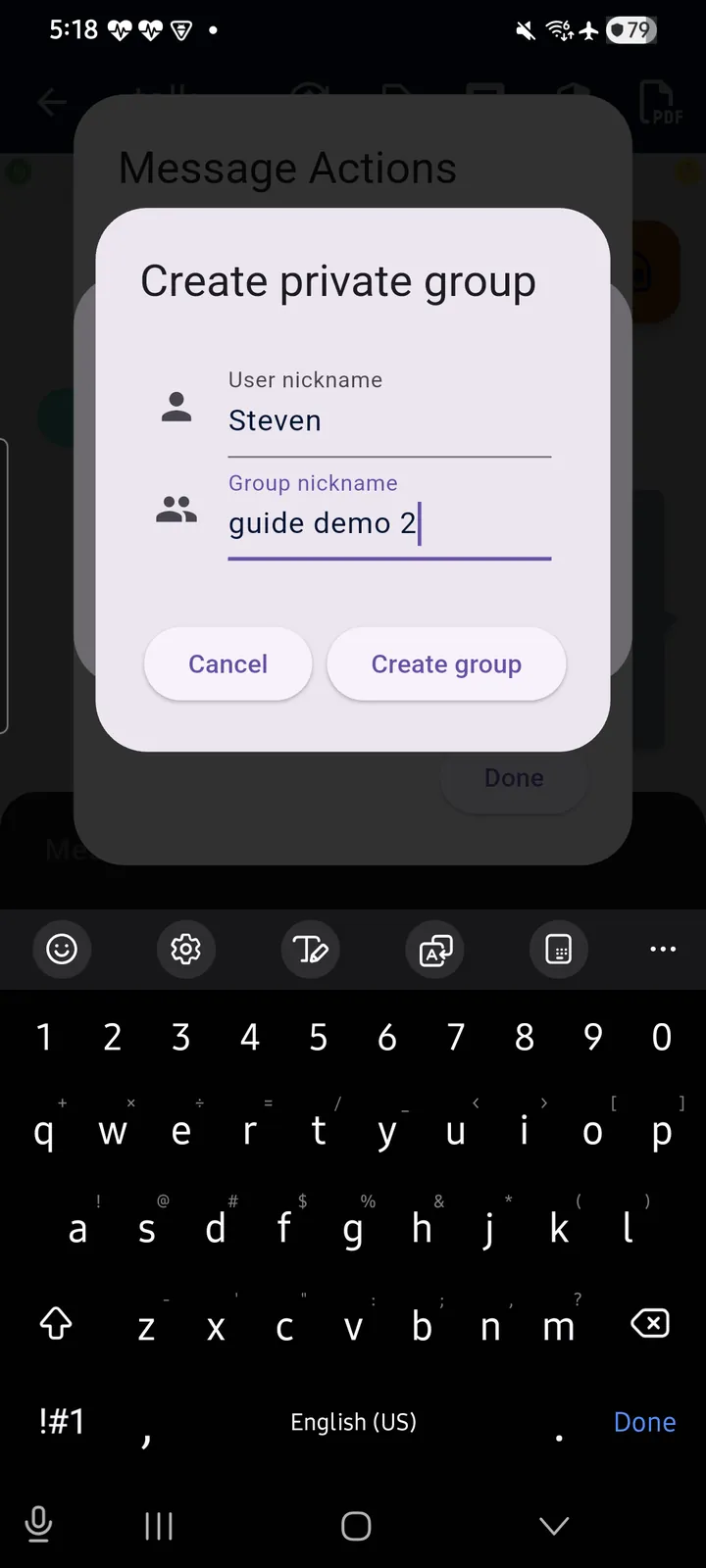 teckel App User Guide 51 Creating a private group straight from a message: give the member a nickname and the group a name, in one step.