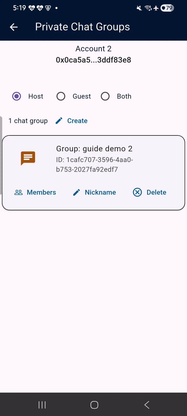 teckel App User Guide 52 Left: the Private Chat Groups screen with the Host/Guest/Both filter