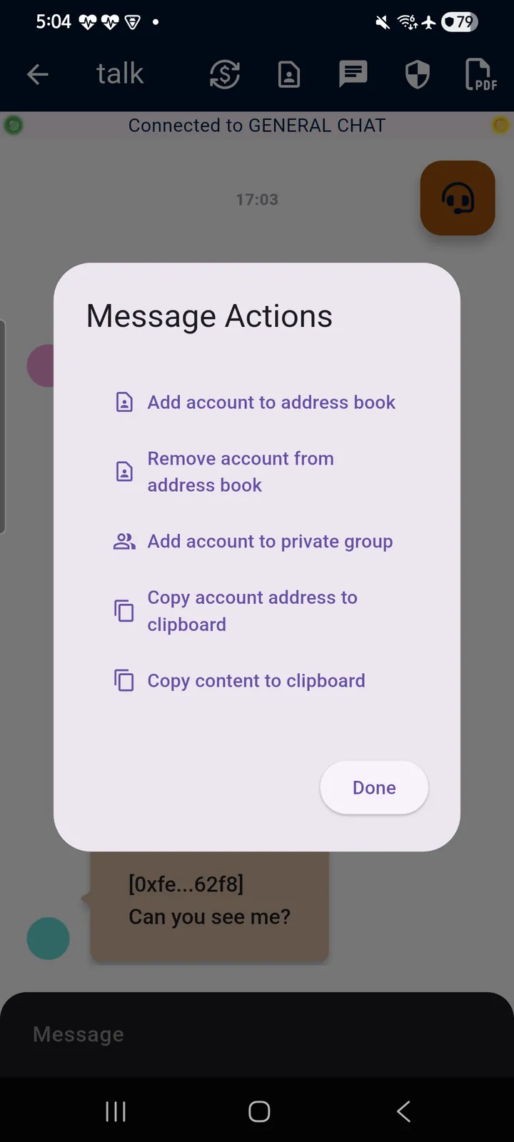 teckel App User Guide 48 Tapping a message opens Message Actions: address-book management, “Add account to private group”, and copy a