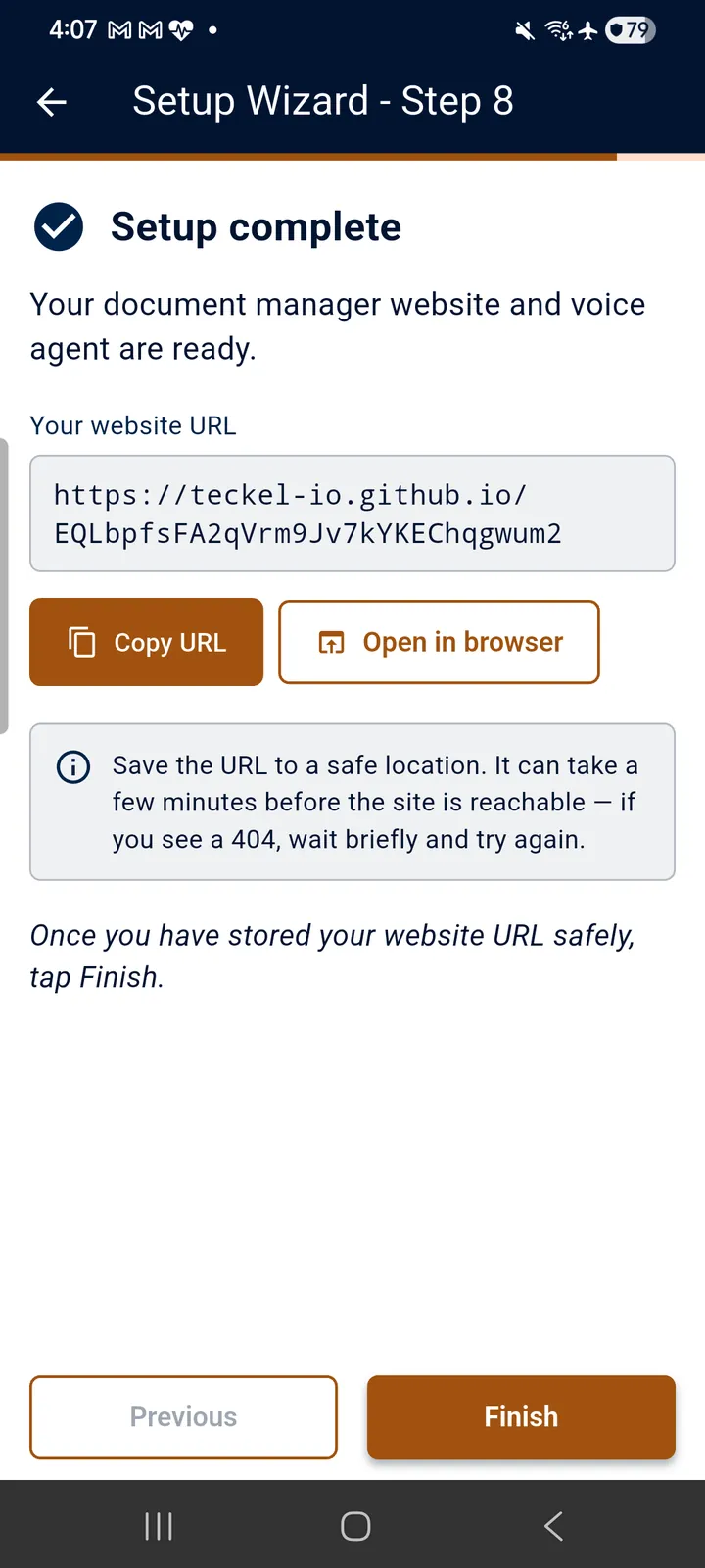 teckel App User Guide 42 Setup complete: your website URL, with Copy URL and Open in browser