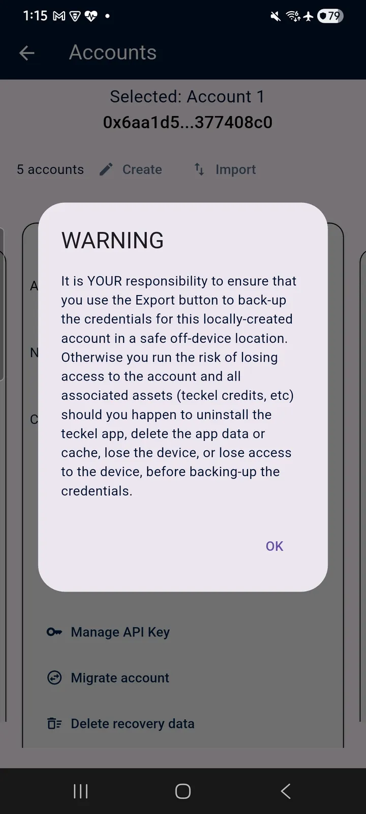 teckel App User Guide 29 Tapping the triangular warning icon on a created Account's card: back it up offline via Export, because an un-backed-up