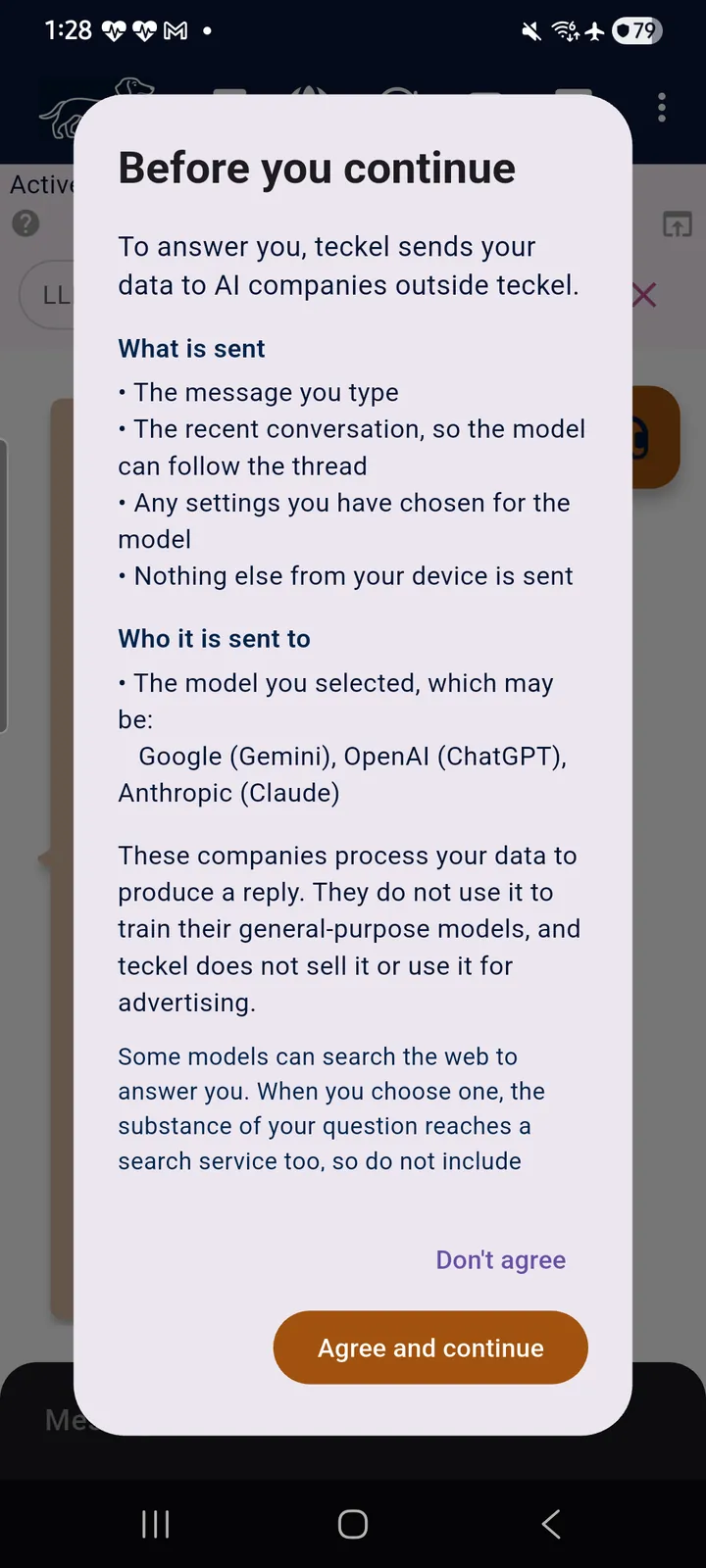 teckel App User Guide 6 The Before you continue screen for the teckel AI chat: what is sent, who it is sent to, and a warning about models that