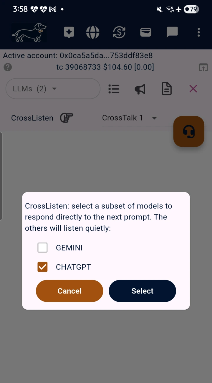 teckel App User Guide 11 Left: the CrossTalk list, open — from CrossTalk 0 (the models answer only you) to CrossTalk 10; here Cro