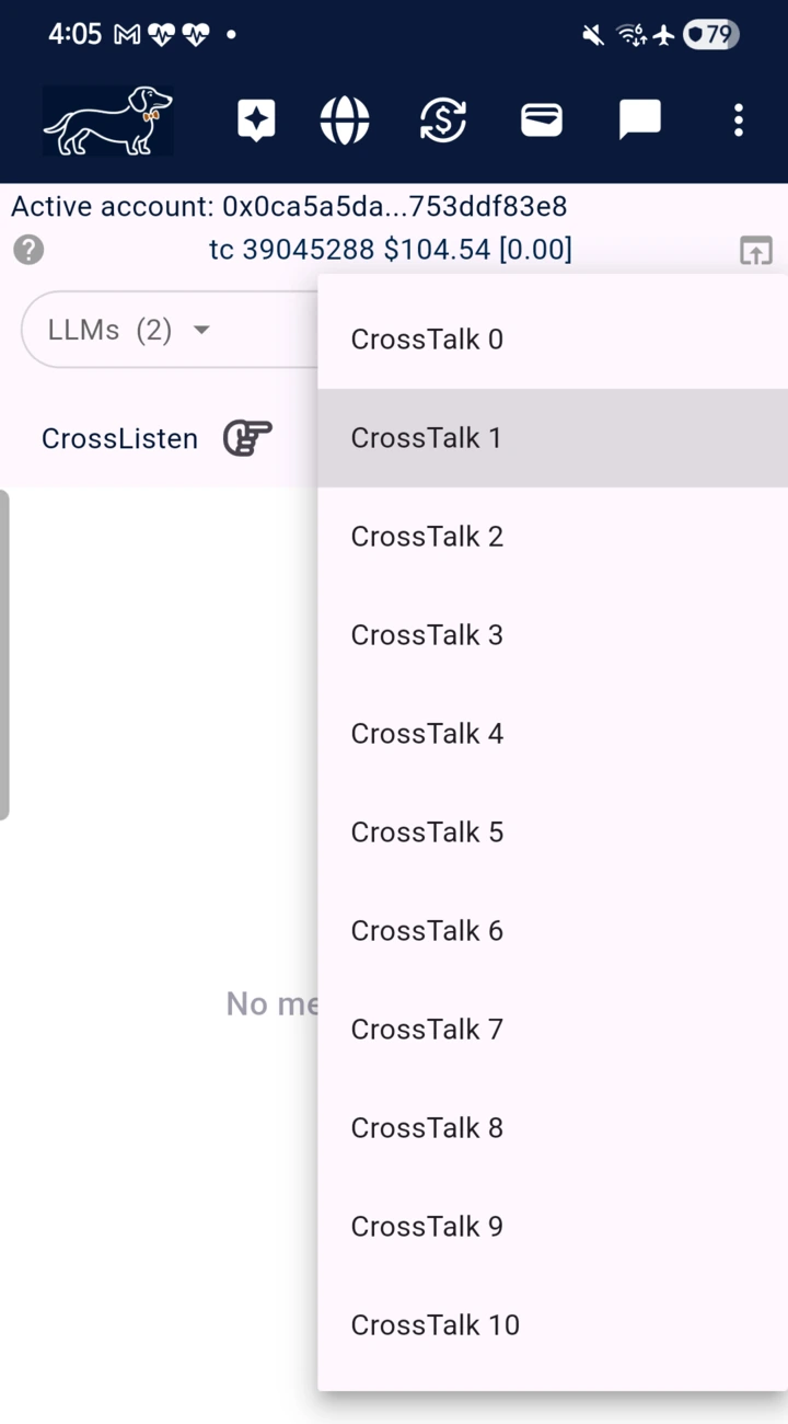 teckel App User Guide 10 Left: the CrossTalk list, open — from CrossTalk 0 (the models answer only you) to CrossTalk 10; here Cro