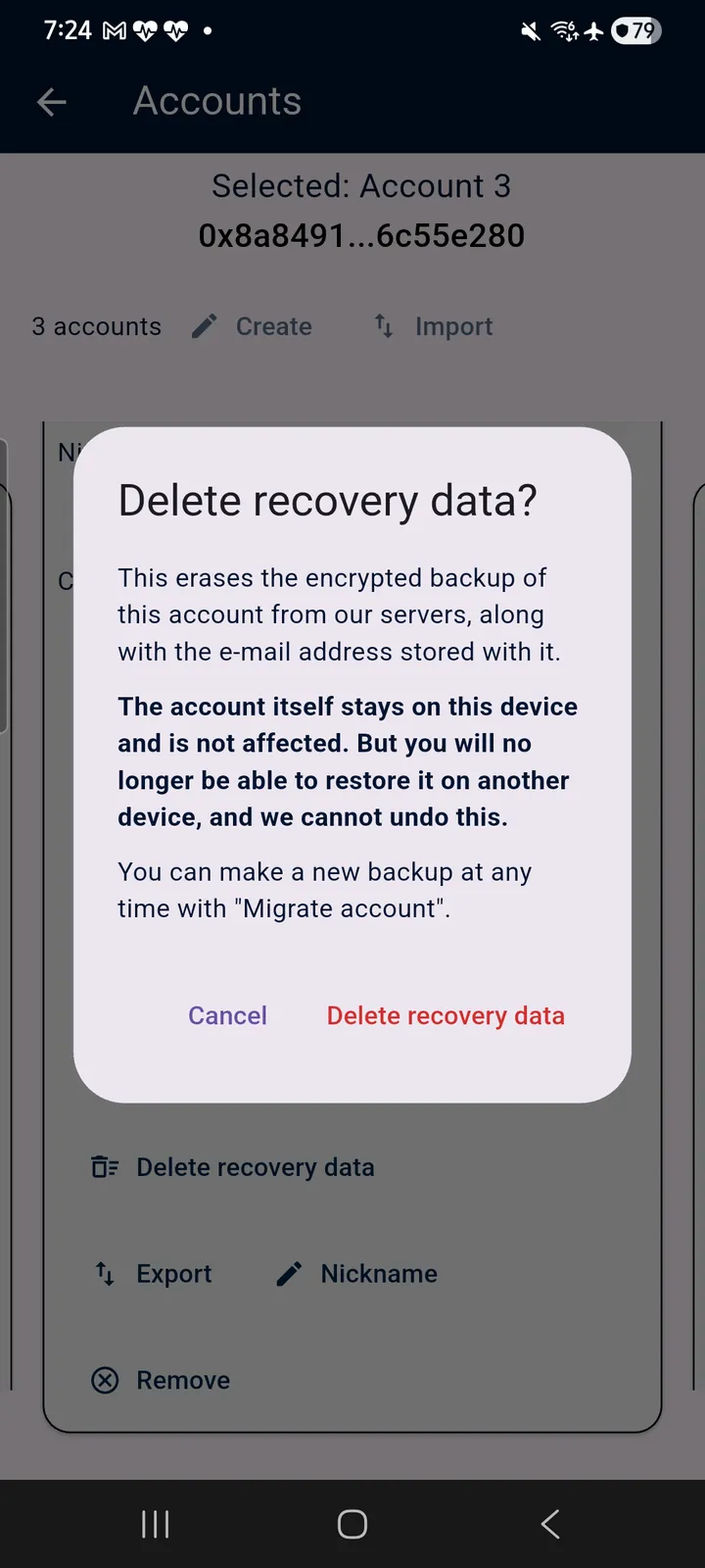 teckel App User Guide 31 Left: “Remove this account permanently?” — the App states the balance and the backup status, then offe