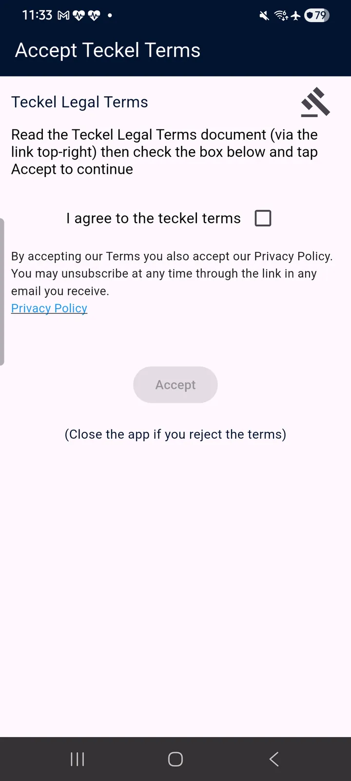 teckel App User Guide 3 First run: the App initializes and asks about notifications (left), then presents the teckel Legal Terms (right)