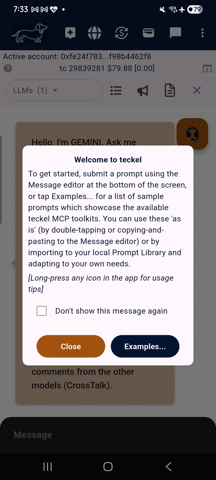 teckel App User Guide 5 The first-run “Welcome to teckel” dialog over the teckel AI chat screen: a pointer to the Message editor and