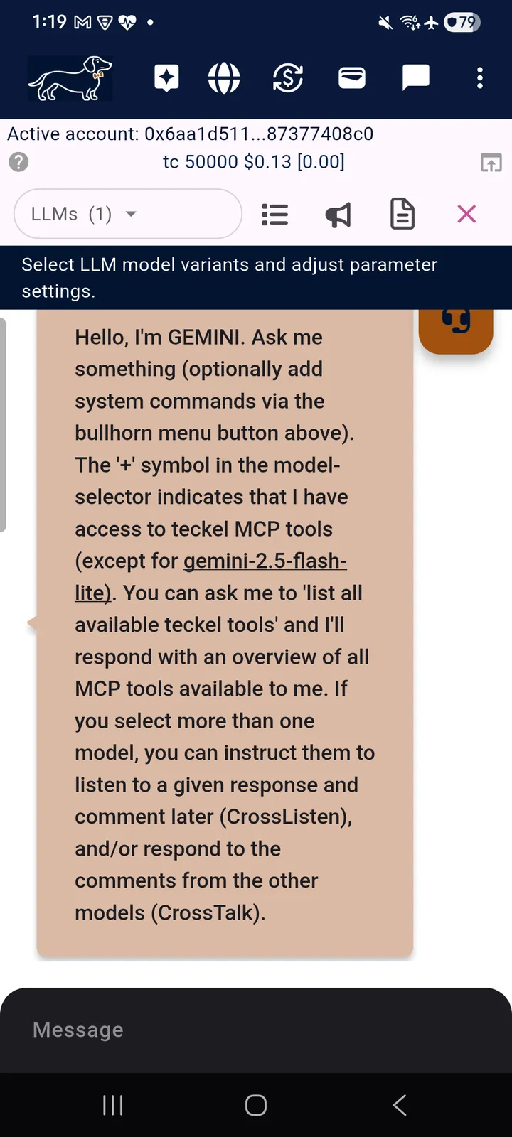 teckel App User Guide 1 Long-press any icon for a built-in explanation — here, the list icon in the chat controls explains that it selects