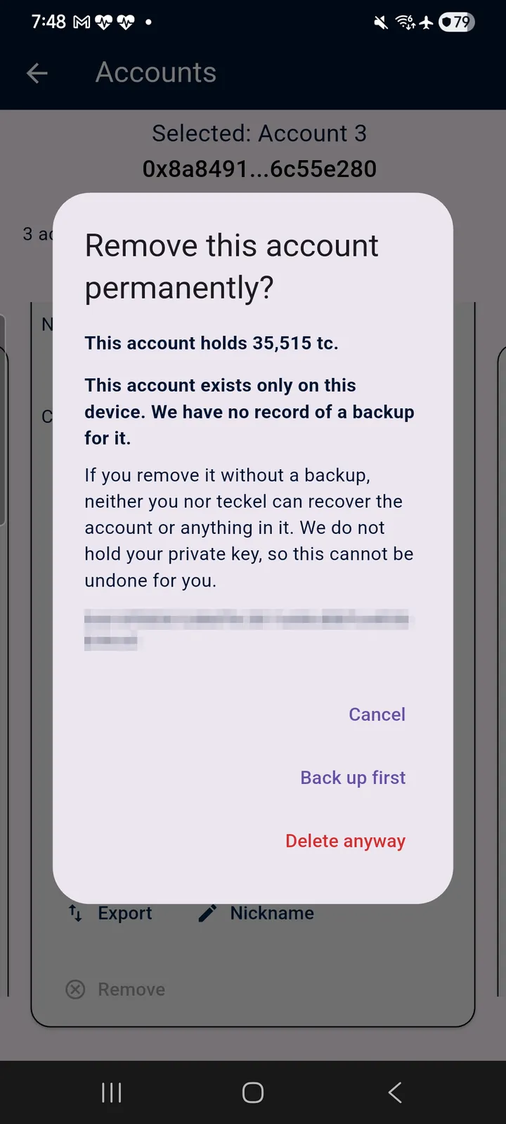 teckel App User Guide 30 Left: “Remove this account permanently?” — the App states the balance and the backup status, then offe