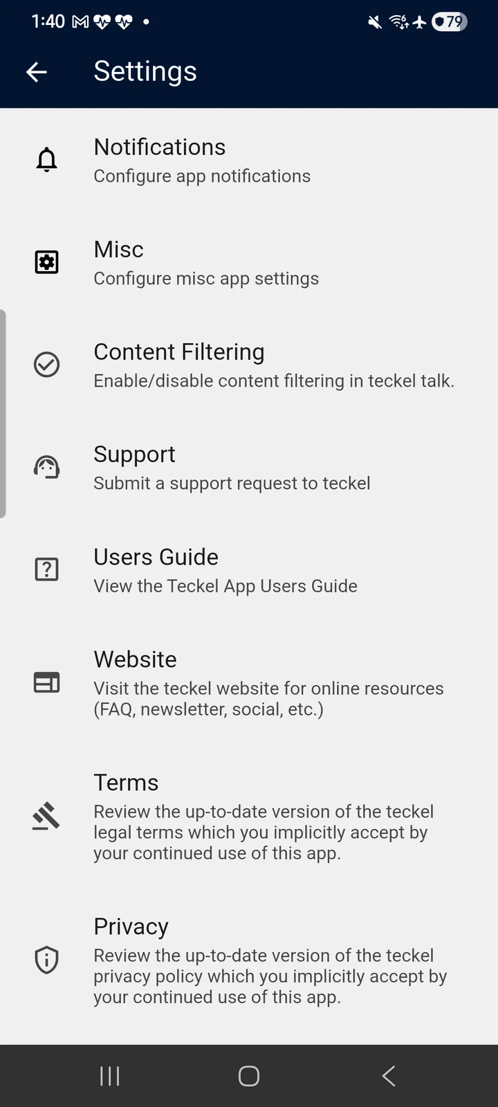 teckel App User Guide 59 The App menu and the Settings screen.