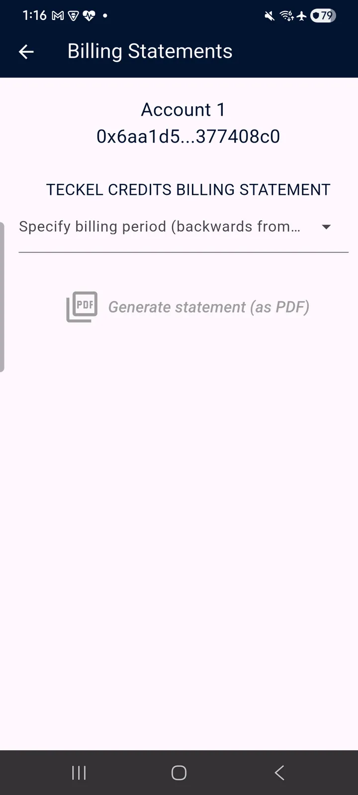 teckel App User Guide 45 Billing Statements: choose the billing period, then “Generate statement (as PDF)”.