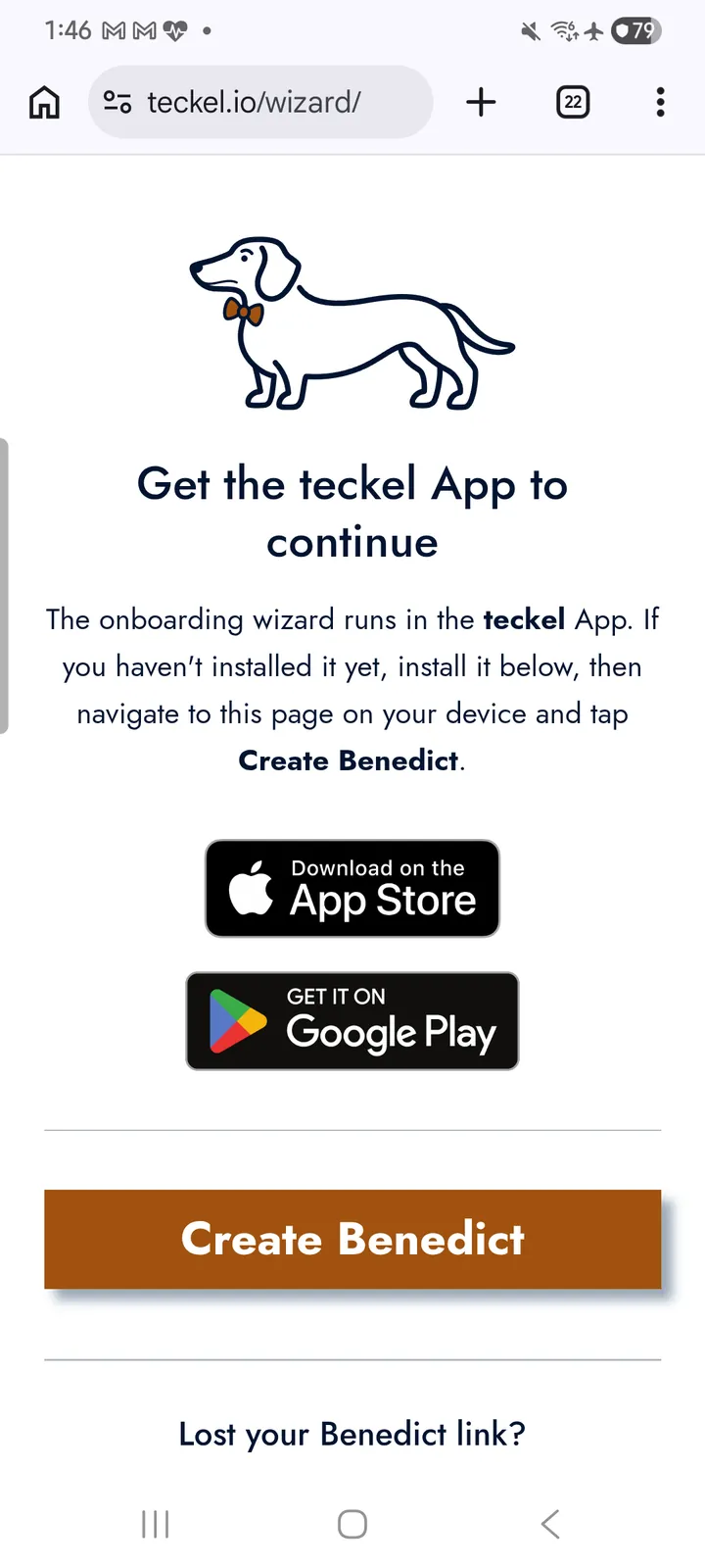 teckel App User Guide 35 Left: teckel.io/wizard — tap “Create Benedict”