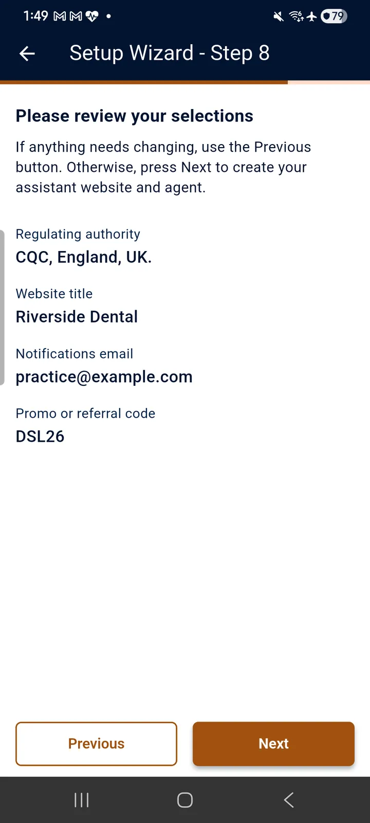 teckel App User Guide 41 The review step — Previous to change anything, Next to create the website and voice agent.