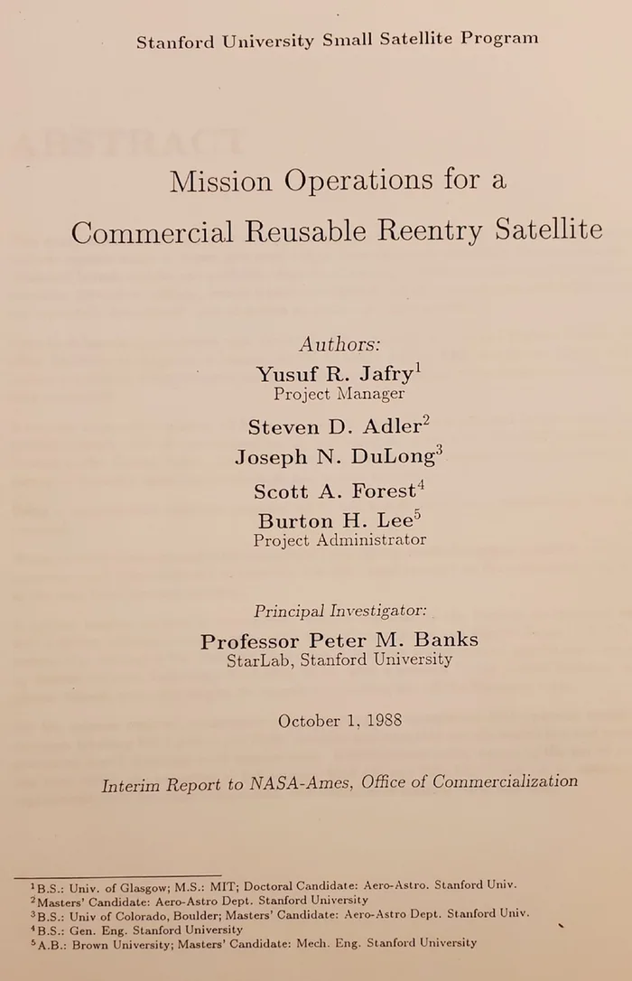 About 1 Title page of the 1988 Stanford University report to NASA, with the authors Yusuf R. Jafry and Steven D. Adler among the five