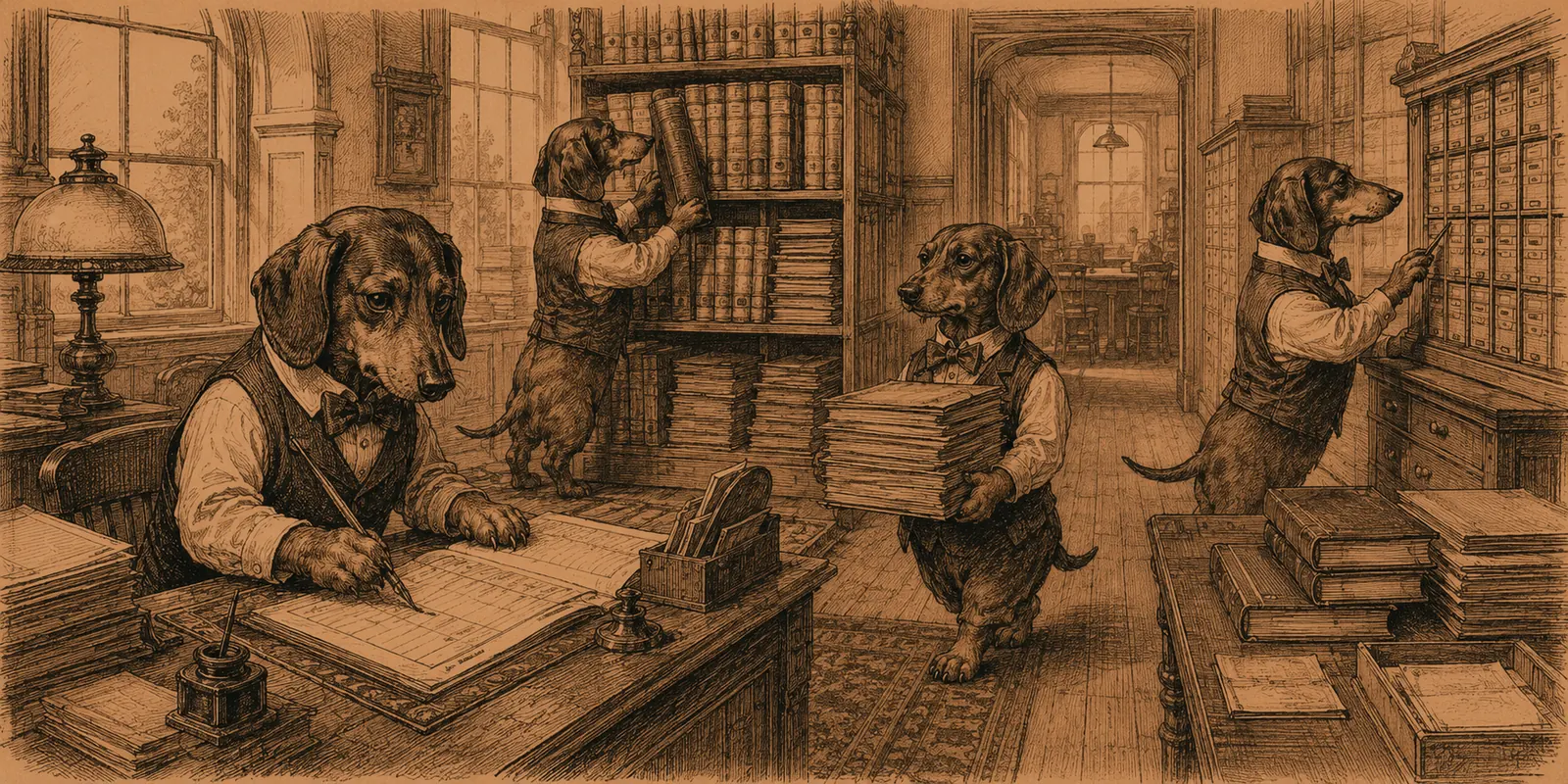 Yusuf Jafry joins the AI panel at Dentistry Show London 1 An engraved illustration of four dachshunds in waistcoats and bow ties at work in an old records office: one writes in a ledger, one takes a book from a shelf, one carries a stack of papers and one files cards in a cabinet.
